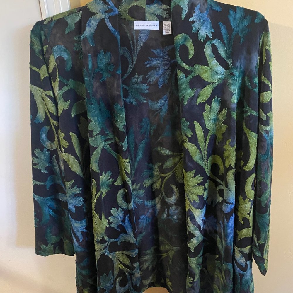 Susan Graver Petite Tie Dye Clip Jacquard Long Sleeve Cardigan